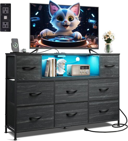 black dresser tv stand GarveeLife 63-in for 65-75 Inch TVs Fabric Chest with Charging Station LED Lights and 12 Drawers in the TV Stands department at This dresser for bedroom wide dressers with 18 Garvee Black Dresser With Six